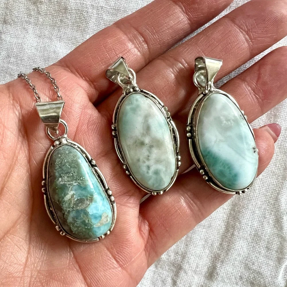 925 Calming Caribbean Larimar Bamboo Set Necklace Pendant